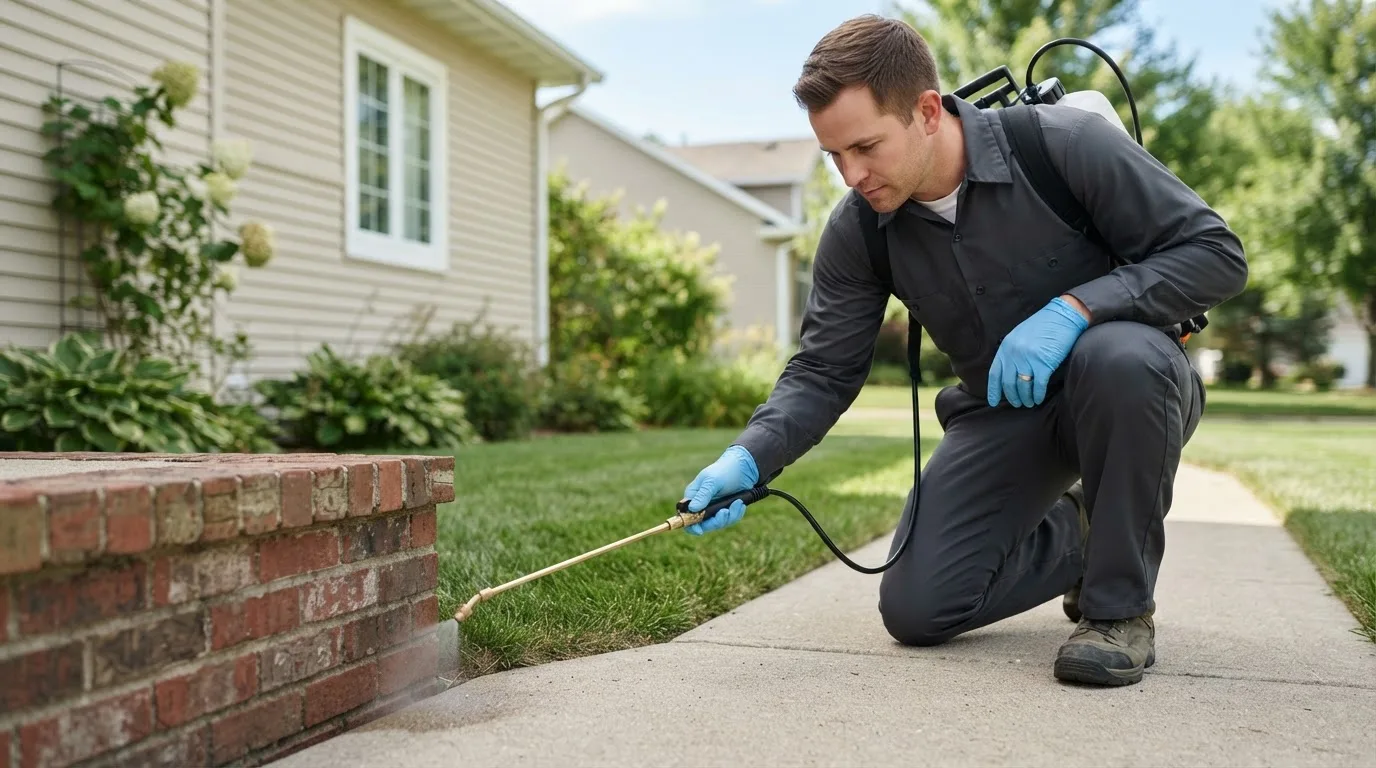 Pest control technician treating a home near Rufe, OK