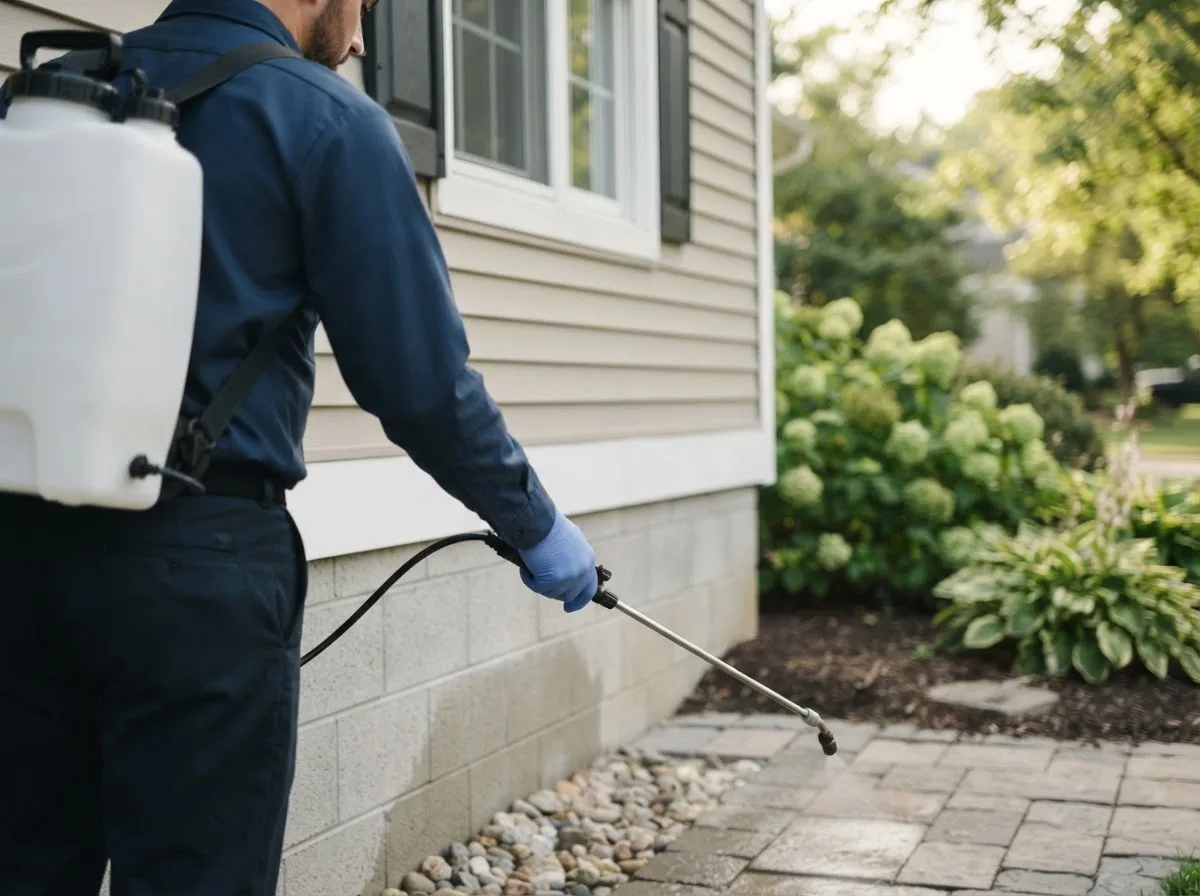 Pest control technician inspecting a home in Rufe, OK